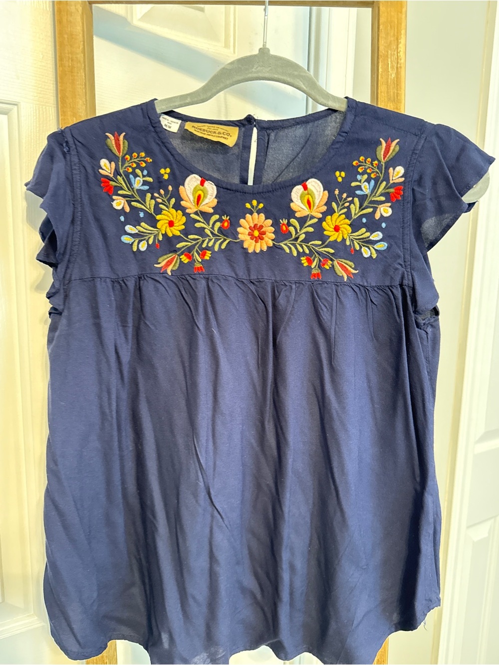 Roebuck & Co Navy Embroidered Floral Yoke Top